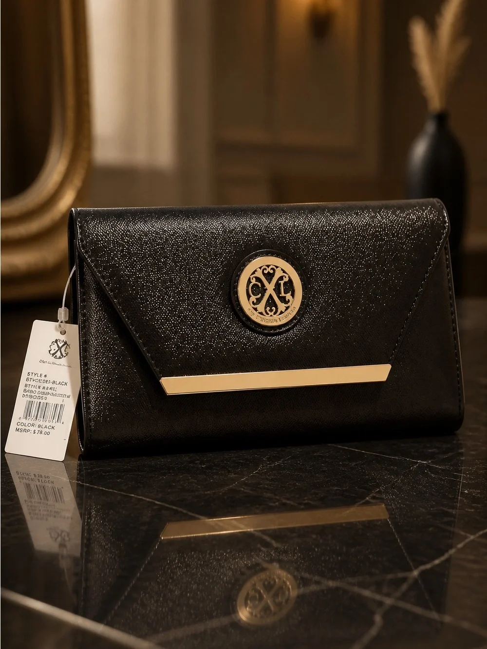 NWT CLX Christian Lacroix Glam Caviar Clutch Black Gold Chain Crossbody